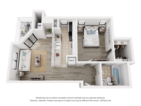 Floor plan for 1 bed, 1 bath, 625 sqft